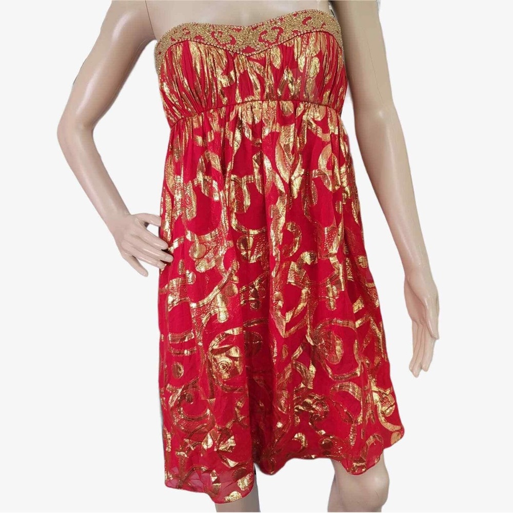 Aidan Mattox Niteline Gold Metallic Red Strapless Prom/Party Dress- Size…